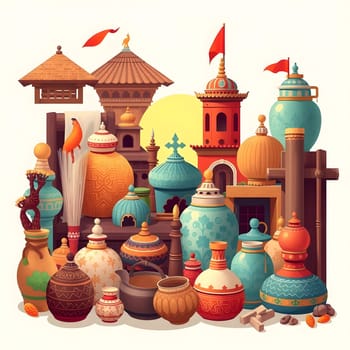 A vibrant assortment of handcrafted pottery and decorative items fills the scene, showcasing intricate designs and patterns. The warm sunset casts a golden hue, enhancing the beauty of the artifacts.