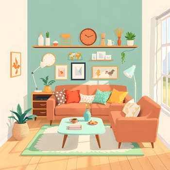 This living space features a comfortable couch adorned with vibrant cushions, a stylish coffee table, and warm natural light streaming through the window, creating a cheerful atmosphere.