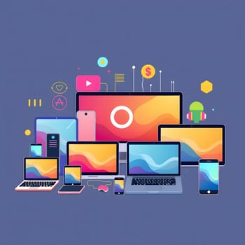 A collection of digital devices including laptops, tablets, and smartphones arranged next to each other, showcasing colorful screens and modern technology designs against a solid background.