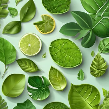 An array of various green leaves and sliced citrus fruits is displayed, showcasing intricate textures and forms against a soft light background. The natural elements create a fresh atmosphere.