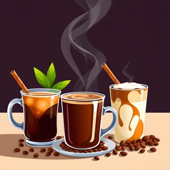 Three distinct coffee drinks are presented on a table with aromatic steam rising. Dark coffee, iced coffee, and a creamy latte are garnished with cinnamon and a leaf, creating an enticing invitation.