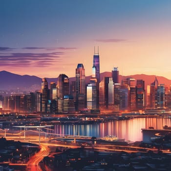 The skyline glows during dusk, with towering buildings illuminated against a colorful sunset. Mountains rise in the background, mirrored in the tranquil water beneath.