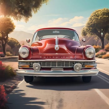 A vintage red car is stationed on a picturesque road, surrounded by vibrant greenery and distant mountains. The scene captures a serene, sunny day perfect for cruising.