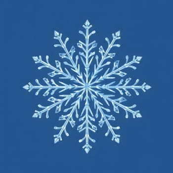 This captivating snowflake features intricate patterns and branches, beautifully contrasting against a rich blue backdrop, representing the essence of winter's chill and beauty.