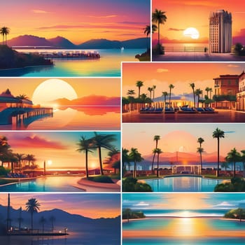A serene coastal setting showcases vibrant sunsets over water, featuring palm trees, piers, and reflections. The colors blend beautifully, creating a tranquil atmosphere for relaxation.