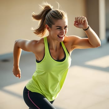 A young woman in a bright green tank top runs energetically outside, her expression filled with joy. The sun illuminates her determined stride and healthy physique.