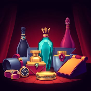 A vibrant assortment of luxury items, including ornate bottles, jewelry, and accessories, displayed against a rich backdrop, emphasizing their intricate designs and opulence.