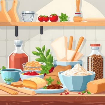 A vibrant kitchen countertop displays an array of fresh herbs, vegetables, and baking ingredients, showcasing a creative cooking atmosphere, highlighting preparation for a delicious meal.
