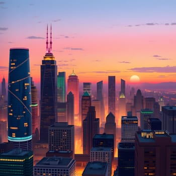 A breathtaking sunset paints the sky in vivid colors, illuminating towering skyscrapers in a bustling city. The scene captures the transition from day to night, showcasing urban beauty.