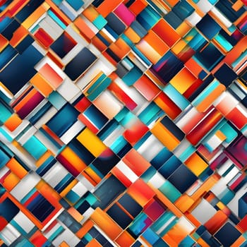An intricate arrangement of overlapping rectangles showcases a blend of vibrant colors, creating an energetic and dynamic visual experience that captivates the viewer.