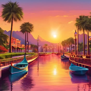 A vibrant sunset casts golden hues over a peaceful canal lined with palm trees and charming buildings. Colorful boats gently float on the calm water, creating a picturesque scene.