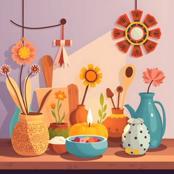 A vibrant display of pottery, flowers, and seasonal items showcases creativity and warmth. Various vessels hold fresh blooms, while a candle and a pumpkin add an autumnal touch to the arrangement.