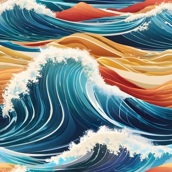 Powerful waves rise and crash against an abstract shoreline, showcasing a mix of vibrant colors as the sun sets. The interplay of blues, oranges, and golds creates a mesmerizing effect.