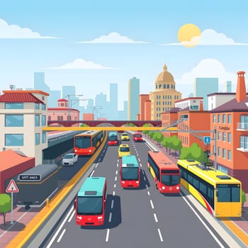 A vibrant cityscape showcases various buses moving along a busy street lined with buildings, trees, and a clear blue sky. The scene captures the essence of urban transport and daily life.