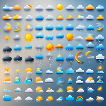 A collection of weather icons representing different atmospheric conditions, including sunny, cloudy, rainy, and stormy weather. Each icon varies in design and color, creating a vibrant display.