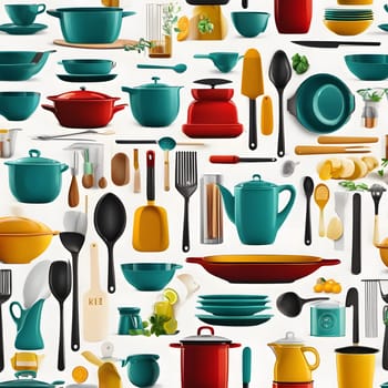 A vibrant assortment of kitchen utensils and cookware features various colorful pots, pans, and tools neatly arranged, showcasing a playful culinary theme and bright colors.
