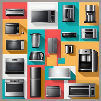 A variety of modern kitchen appliances are showcased against a vibrant backdrop