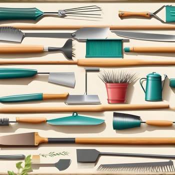 A variety of gardening tools such as rakes, trowels, and watering cans are organized on a wooden surface, showcasing their colors and designs