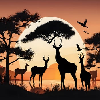 A striking landscape showcases silhouettes of deer and birds set against a brilliant sunset, with trees and water reflecting warm hues. It captures a tranquil moment in nature.