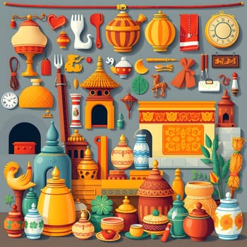 A vibrant assortment of decorative items and artifacts from different cultures, showcasing unique shapes, colors, and styles. The array features pottery, lamps, and traditional symbols.