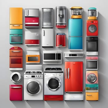 A variety of vibrant kitchen appliances are arranged neatly on a gray wall. The collection showcases various colors and styles, including refrigerators, ovens, and washing machines.
