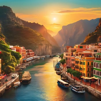The sun sets beautifully over a tranquil canal, illuminating vibrant buildings along the shore. Boats line the water as people stroll by, enjoying the stunning view in this picturesque village.