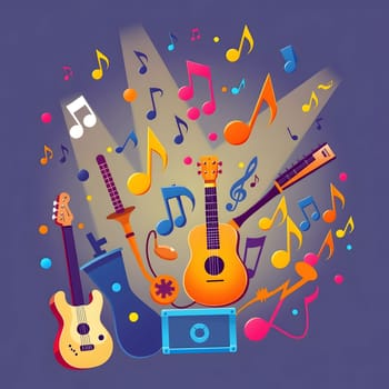 A vibrant collection of various musical instruments includes guitars, a saxophone, and a tambourine accompanied by lively musical notes on a purple backdrop.