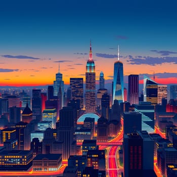 A vibrant sunset casts brilliant colors over the New York City skyline, highlighting iconic skyscrapers as city life pulses below. Streets are filled with lights and activity.