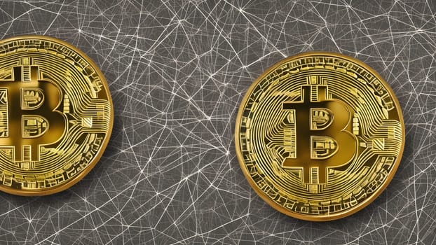 Two gold bitcoin coins are displayed on a dark, textured surface, symbolizing the cryptocurrency market. The intricate designs on the coins highlight their digital significance in finance.