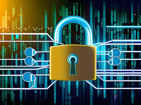 A digital lock stands prominently against a backdrop of flowing binary code, symbolizing cybersecurity. Bright lines connect the lock to various data streams, highlighting digital protection.