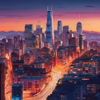 The city skyline glows with lights as the sun sets, casting a warm hue over the skyscrapers. Traffic flows smoothly along main roads, creating a lively urban atmosphere in the evening.