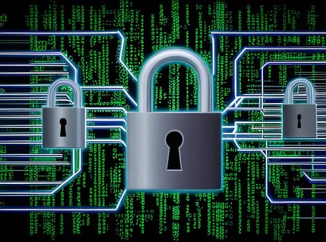 A visual representation of data security featuring padlocks connected to digital lines against a backdrop of binary code. This symbolizes the importance of protecting information in cyberspace.