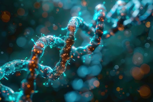 A microscopic close up of a vibrant, glowing DNA strand, representing genetics, life, and scientific discovery.