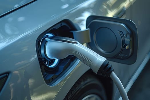 Electric car charging at a charging station, showcasing the rise of sustainable transportation and electric vehicles.