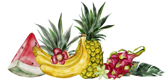 Seamless border of tropical fruits. Hand drawn drawing of ripe watermelon and pineapple and bananas cut into pieces. Clip art of exotic fruits pitaya, dragon fruit and banana leaves on isolated white background. Ideal for building buildings, fresh food and cosmetics stores and menus. High quality photo