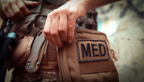 A doctor in a bulletproof vest, in camouflage, opens a first aid kit, a woman is engaged in tactical medicine and saves lives on the front line, a close-up hand.