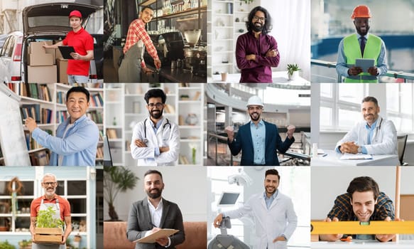 This collage showcases a variety of professionals in their respective work environments. The image includes a delivery driver loading a package into his vehicle, a barista making coffee