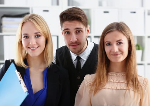 Group of smiling people stand in office looking in camera portrait. White collar power mediation solution project creative advisor participation profession train bank lawyer client visit concept