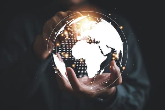 Transformative Data Analytics, A businessman engages with a digital screen, leveraging big data and business intelligence. world map concept highlights global implications of data analysis.