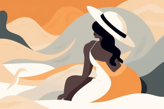 woman model design vacation beauty african body sun hat american cartoon black girl poster young beige summer tanned art concept glamour beach. Generative AI.