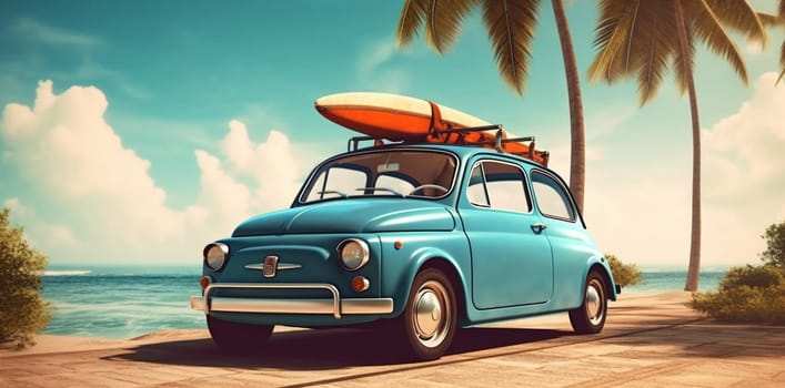 beach transport vacation car retro auto vintage travel journey summer traveler vehicle old-fashioned tropic sand trip holiday nature road tropical. Generative AI.