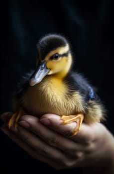 girl little cute bird childhood duck child yellow background pet young easter close-up beauty hand duckling happy nature farm summer. Generative AI.