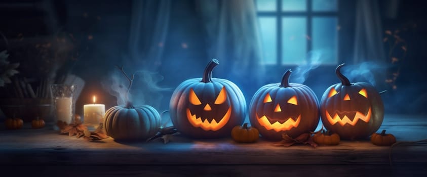 october sky blue mystery night background halloween evil wooden autumn fall silhouette pumpkin table horror grave design fear celebration moon card. Generative AI.