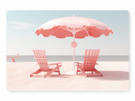 vacation parasol sand retro holiday sun resort three-dimensional summer illustration concept umbrella chair hat pink banner design season ai blue. Generative AI.