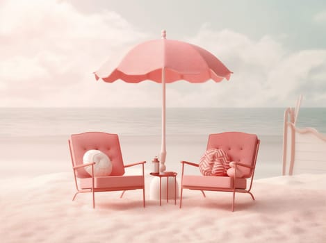 striped concept parasol water holiday ai sand resort vacation ocean season sea retro background summer three-dimensional umbrella pink chair sun. Generative AI.