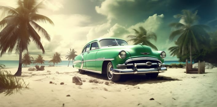 travel tropical old trip transport classic vintage ocean automobile creative sand leisure retro poster beach car vacation road summer sunlight. Generative AI.