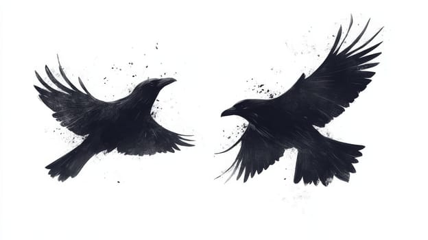 Illustration of two black ravens in flight on white background, artistic style. Nature and wildlife concept.