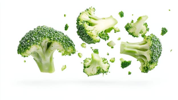 Fresh broccoli florets on white background, healthy food concept.