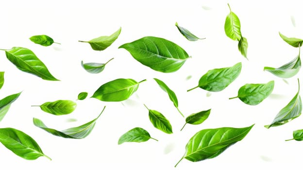 Green leaves floating on white background, minimal and botanical concept.
