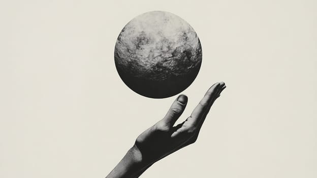 Hand holding floating planet in minimalistic black and white artwork, creative surrealism concept.